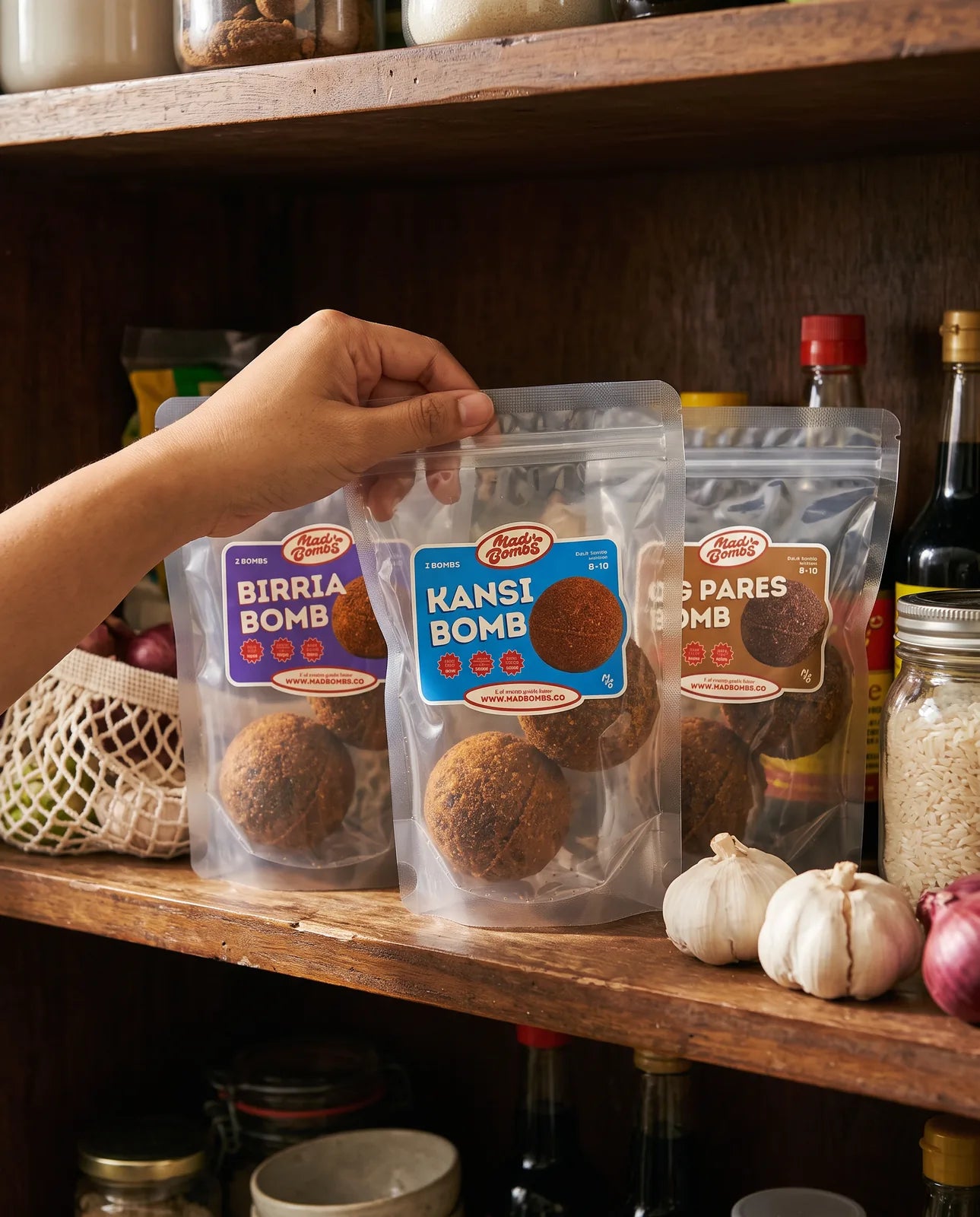 Mad Bombs packs on a pantry shelf