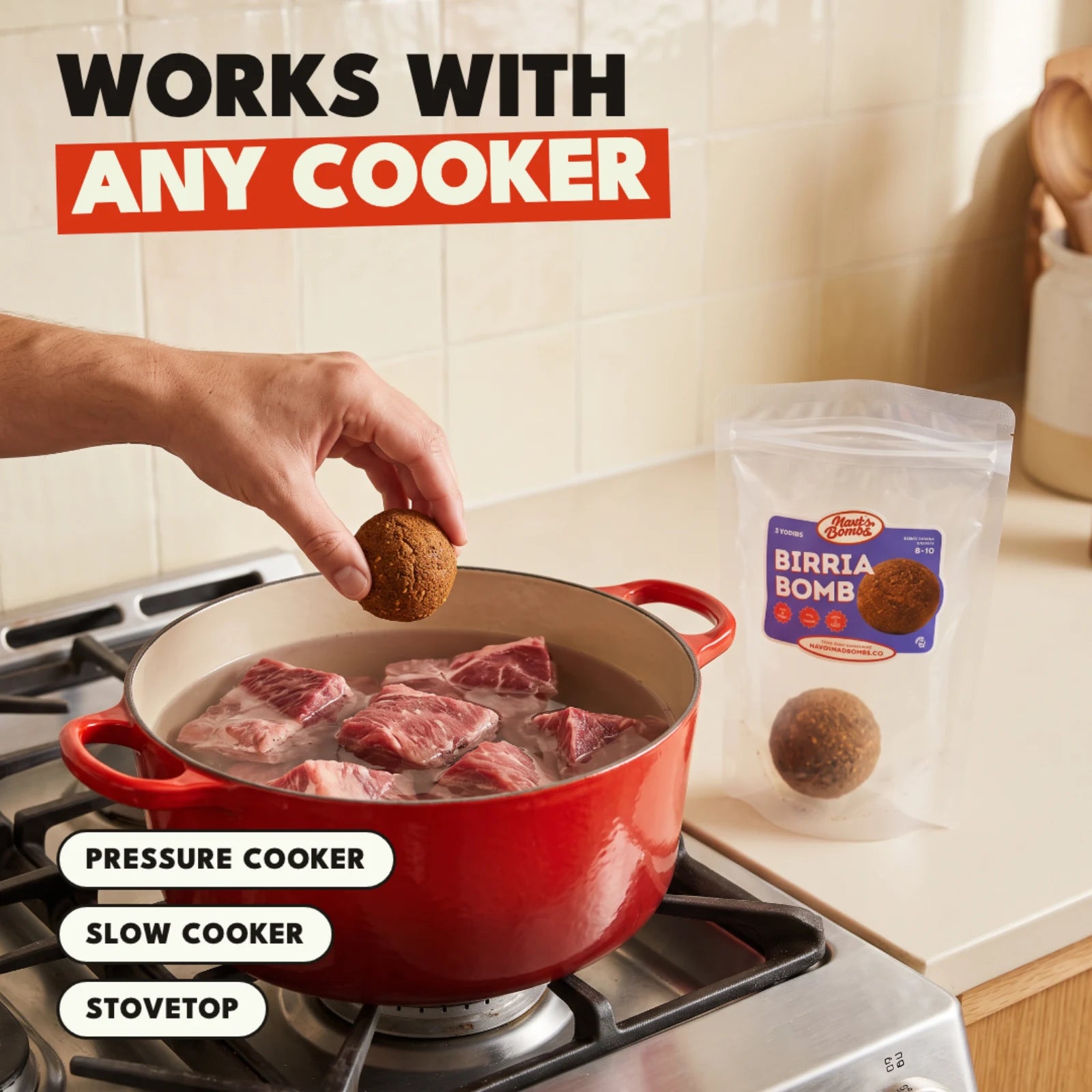Works with a pressure cooker, slow cooker or stovetop