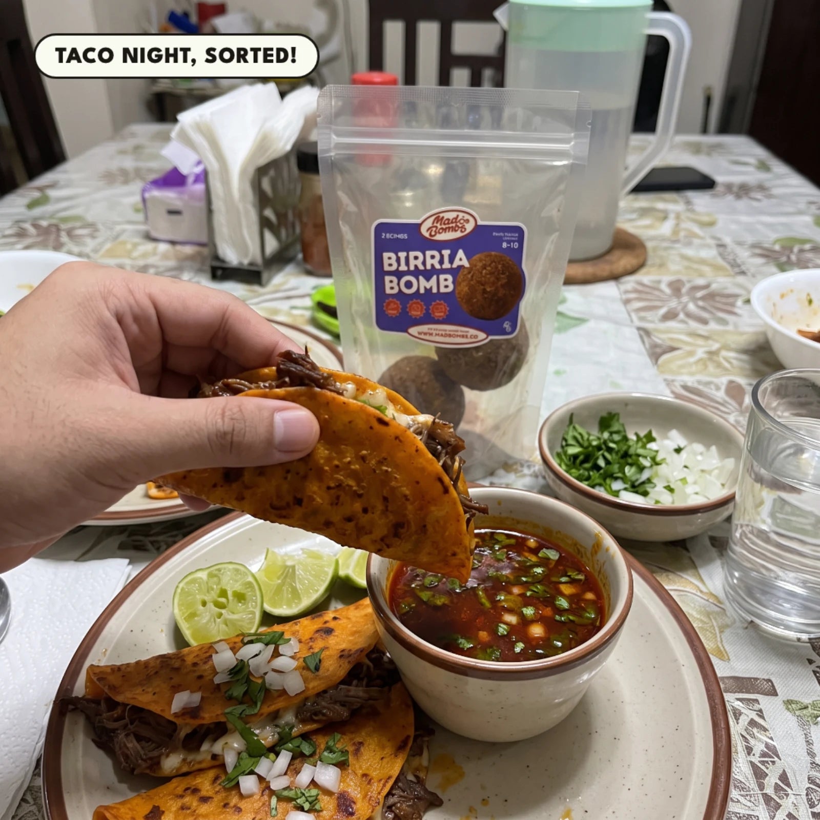 Birria tacos dipped in consommé