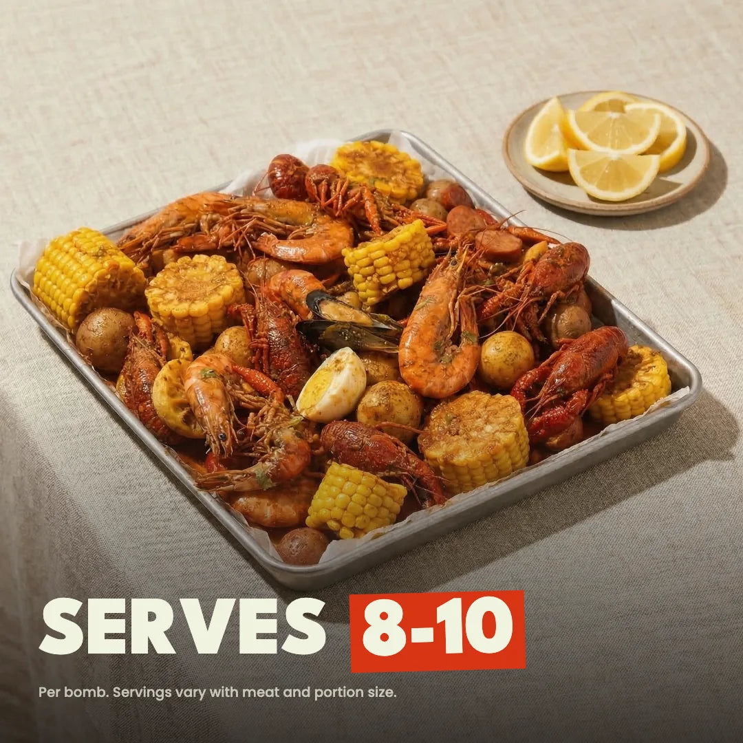 One Seafood Boil Bomb serves 8 to 10